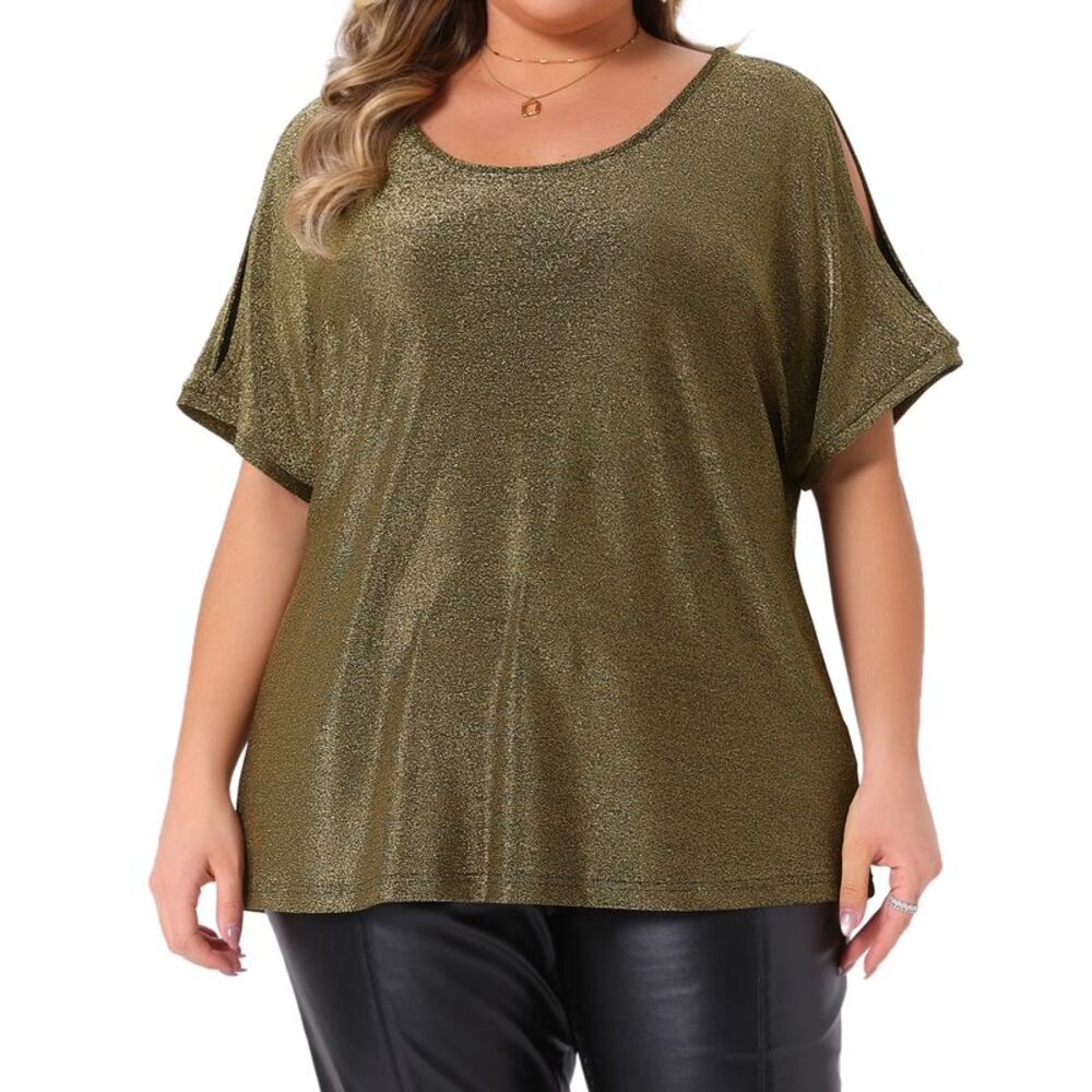 Plus Size Shimmer Cold-Shoulder Top in Olive Gold